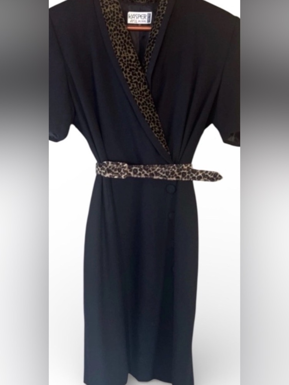 Vintage Kasper 8P Black Dress Leopard Trim Belted Career Work Dress Petite